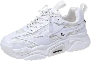 Women's Chunky Sneakers Trendy Platform Tennis Shoes Mesh Breathable Casual Wedge Lace Up Walking Sneakers (White,8)
