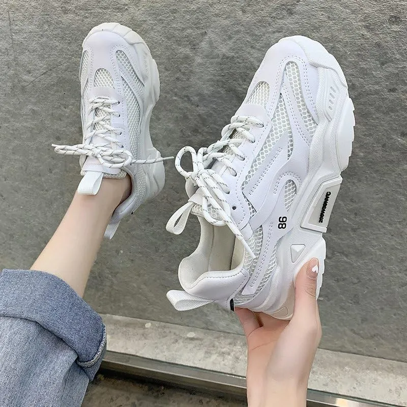 Women's Chunky Sneakers Trendy Platform Tennis Shoes Mesh Breathable Casual Wedge Lace Up Walking Sneakers (White,8)