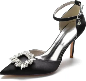 Women's Closed Toe Rhinstone Brooch Wedding Low Heel Bridal Shoes for Women Satin Dress Pumps