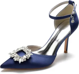 Women's Closed Toe Rhinstone Brooch Wedding Low Heel Bridal Shoes for Women Satin Dress Pumps