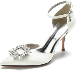 Women's Closed Toe Rhinstone Brooch Wedding Low Heel Bridal Shoes for Women Satin Dress Pumps