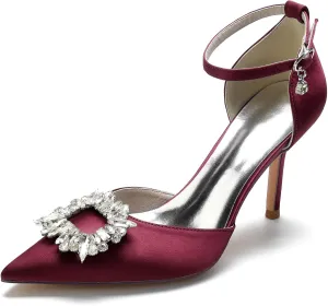 Women's Closed Toe Rhinstone Brooch Wedding Low Heel Bridal Shoes for Women Satin Dress Pumps