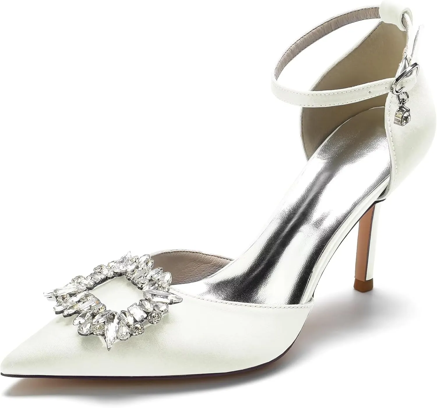 Women's Closed Toe Rhinstone Brooch Wedding Low Heel Bridal Shoes for Women Satin Dress Pumps