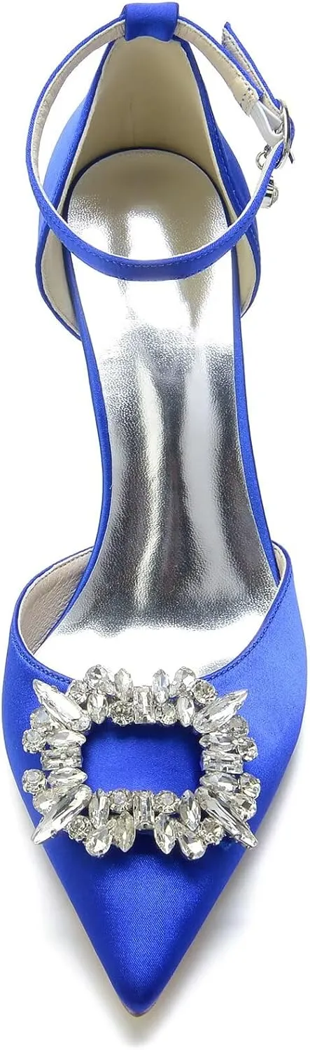 Women's Closed Toe Rhinstone Brooch Wedding Low Heel Bridal Shoes for Women Satin Dress Pumps