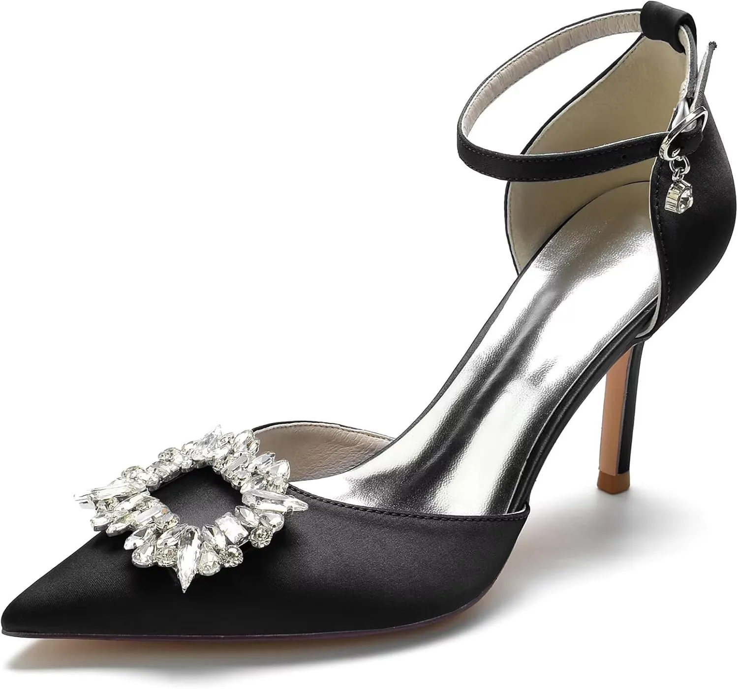 Women's Closed Toe Rhinstone Brooch Wedding Low Heel Bridal Shoes for Women Satin Dress Pumps
