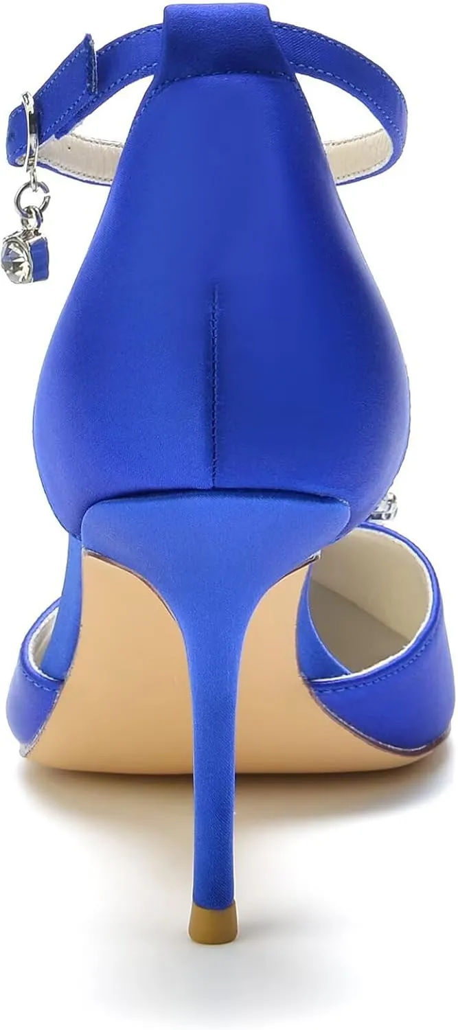 Women's Closed Toe Rhinstone Brooch Wedding Low Heel Bridal Shoes for Women Satin Dress Pumps