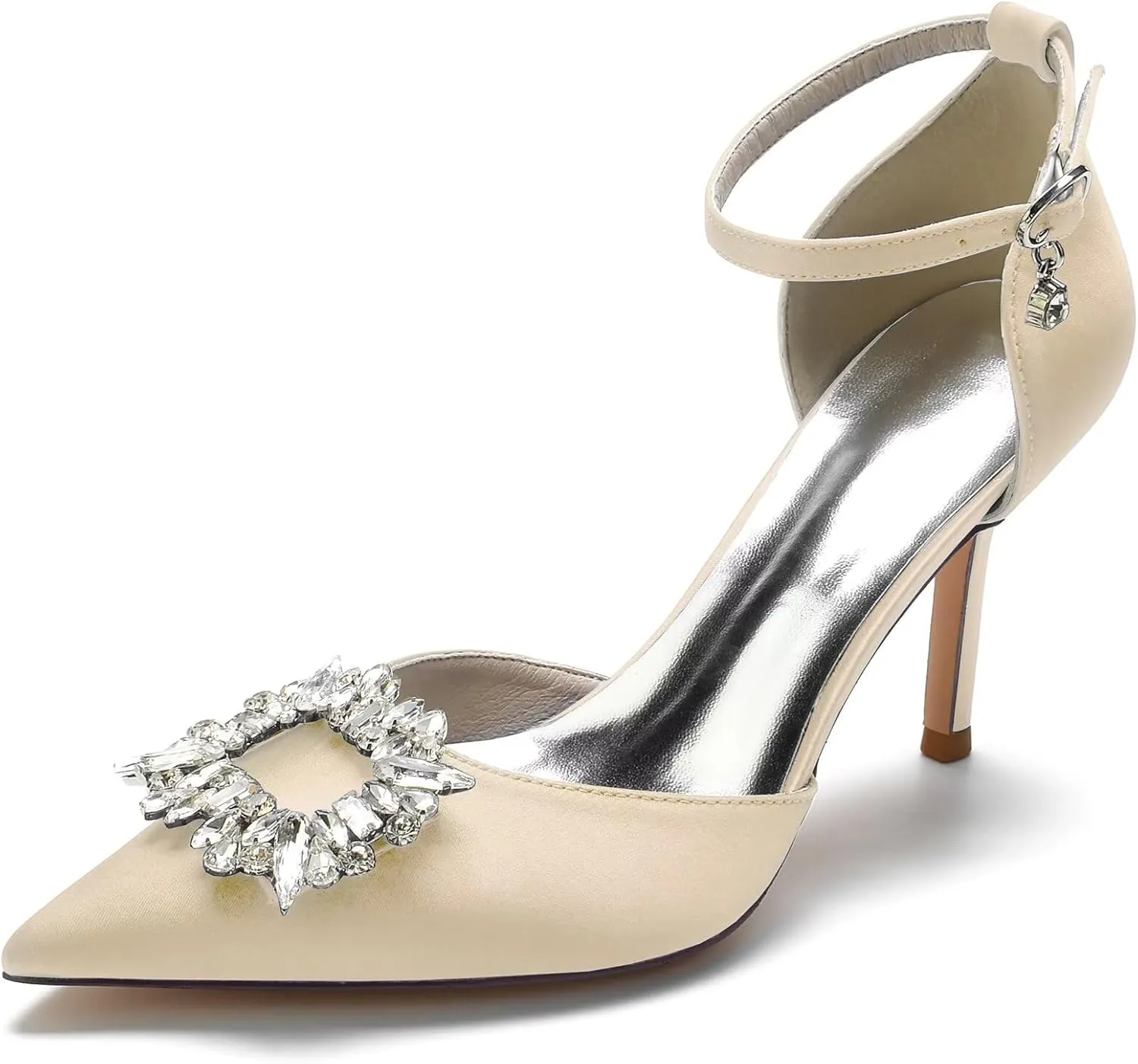 Women's Closed Toe Rhinstone Brooch Wedding Low Heel Bridal Shoes for Women Satin Dress Pumps