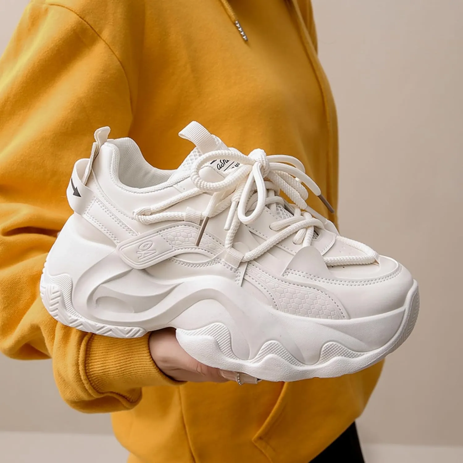 Womens Fashion Leather Chunky Platform Lace Up Height Increase Sneakers Casual Non-Slip Round Toe Running Gym Walking Dad Shoes