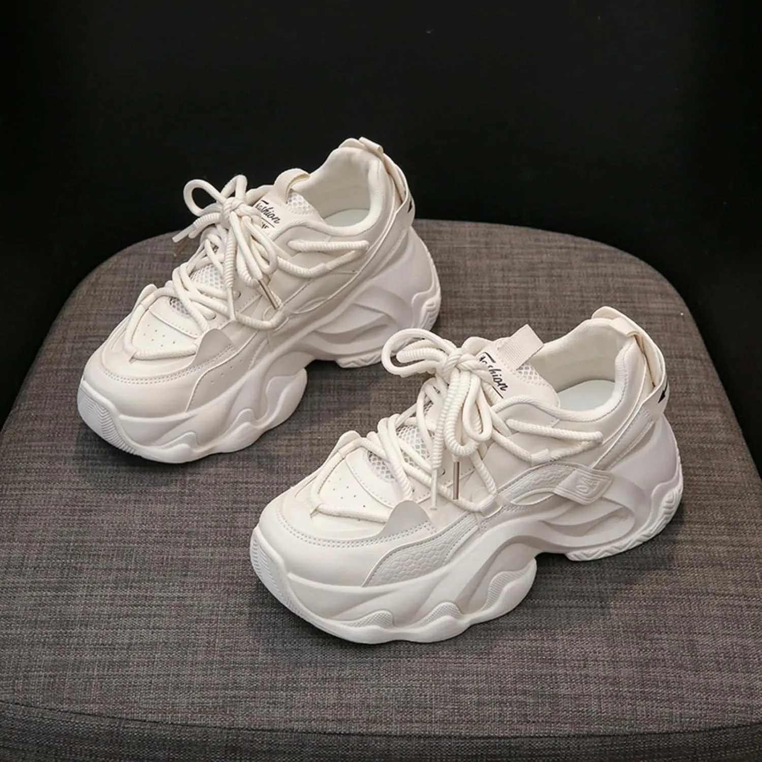 Womens Fashion Leather Chunky Platform Lace Up Height Increase Sneakers Casual Non-Slip Round Toe Running Gym Walking Dad Shoes