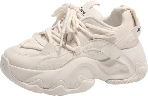 Womens Fashion Leather Chunky Platform Lace Up Height Increase Sneakers Casual Non-Slip Round Toe Running Gym Walking Dad Shoes