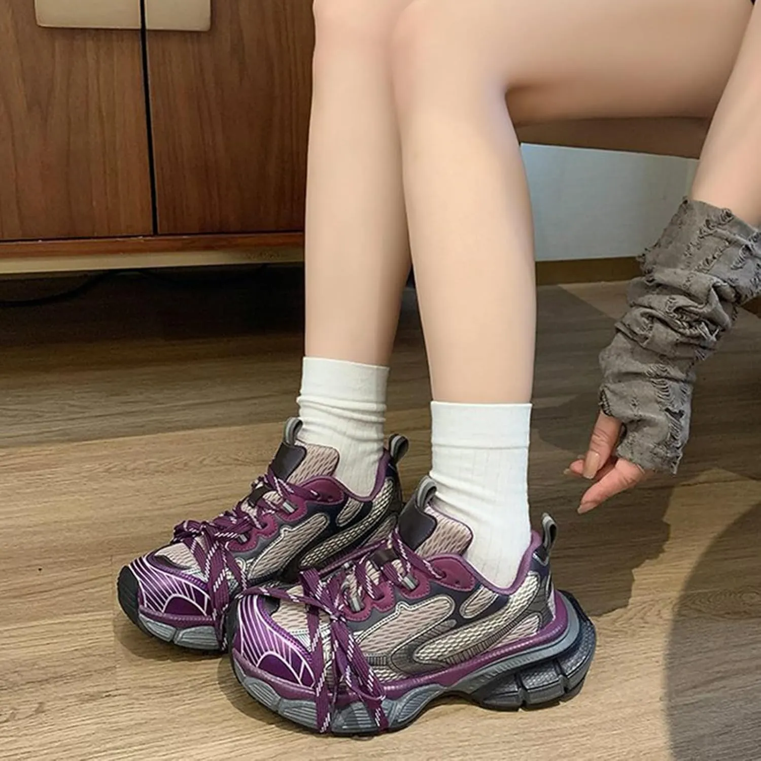 Women's Fashion Sneakers: Dirty Dad Shoes with Retro Casual Style, Breathable Oxford Knit, Thick Sole, Lace Up Trainers with Platform for Couple,Purple-40