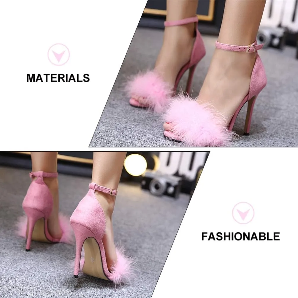 Womens Fluffy Feather High Heels Sandals Open Toe Sumer Pumps