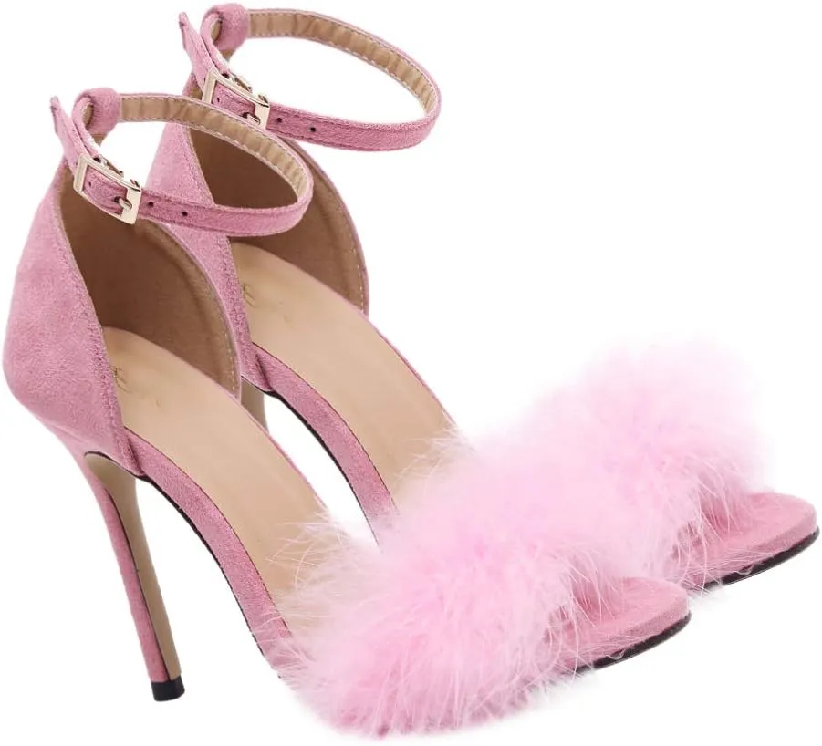 Womens Fluffy Feather High Heels Sandals Open Toe Sumer Pumps