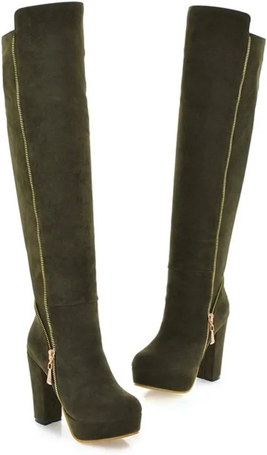 Womens High Chunky Heel Platform Knee High Zip Up Boots