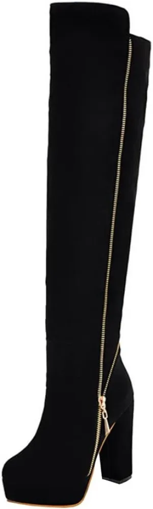 Womens High Chunky Heel Platform Knee High Zip Up Boots