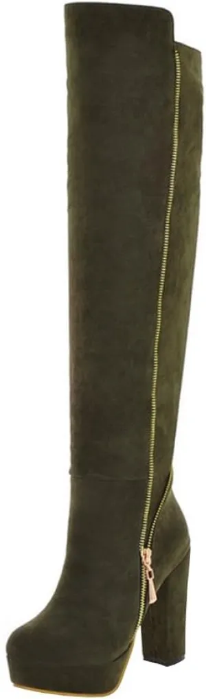 Womens High Chunky Heel Platform Knee High Zip Up Boots