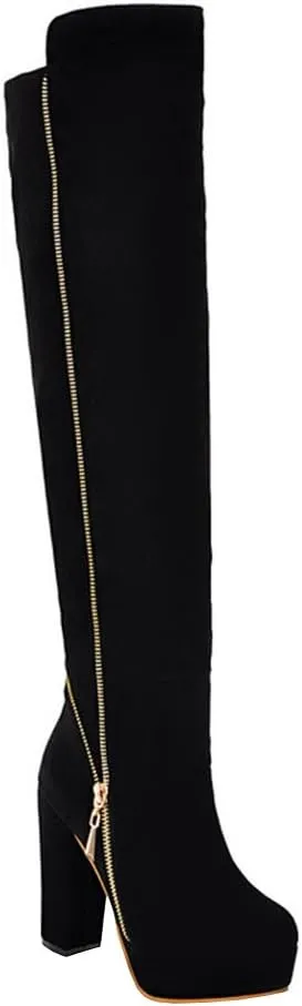 Womens High Chunky Heel Platform Knee High Zip Up Boots