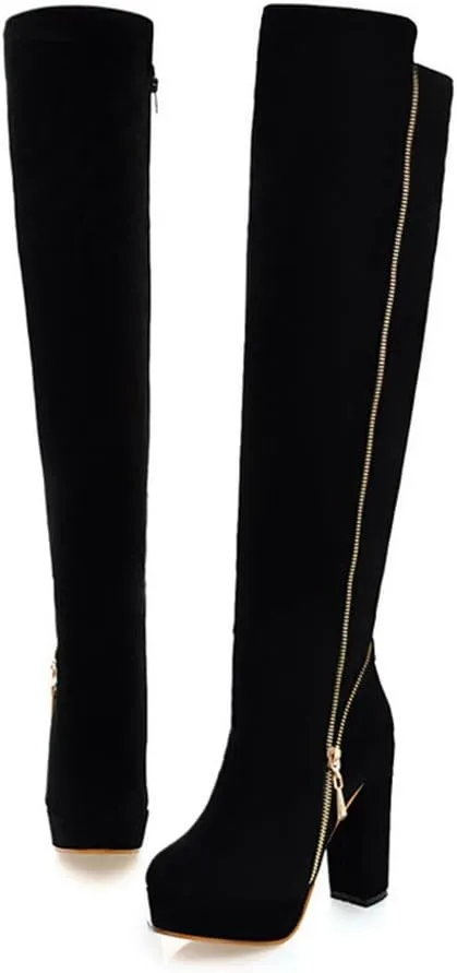 Womens High Chunky Heel Platform Knee High Zip Up Boots