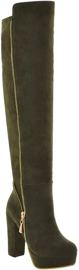 Womens High Chunky Heel Platform Knee High Zip Up Boots