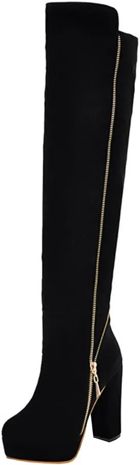 Womens High Chunky Heel Platform Knee High Zip Up Boots