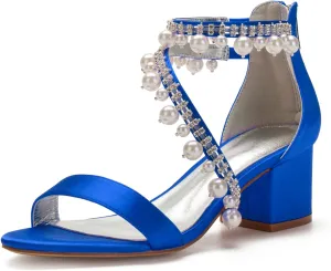 Women's High Heels Open Toe with Wedding Ankle Strap Bride Heels Block Sandals Bridal Shoes Evening Party Dress Comfortable Square Toe,Blue,8