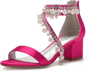 Women's High Heels Open Toe with Wedding Ankle Strap Bride Heels Block Sandals Bridal Shoes Evening Party Dress Comfortable Square Toe,Rose red,6
