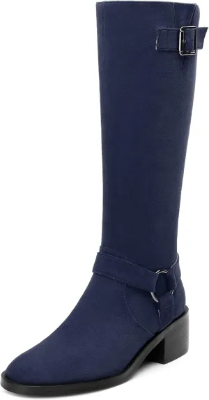 Women's Knee High Boots Buckle Fashion Side Zipper Knee High Bootie Round Toe Chunky Heel Solid Suede Knee High Boot