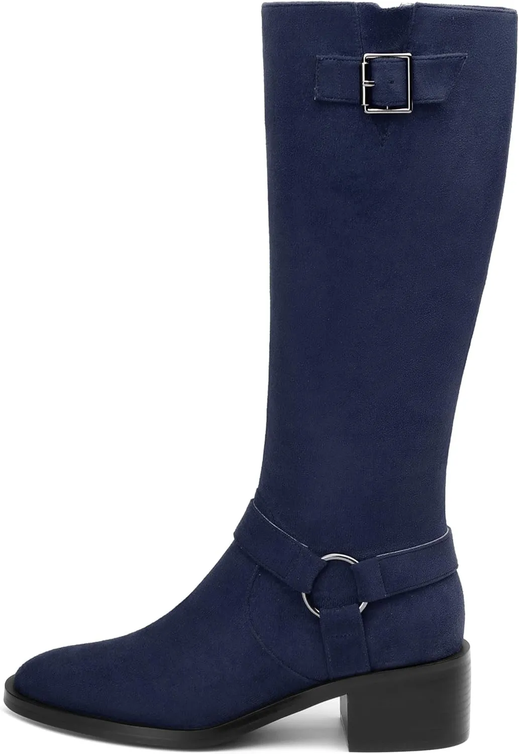 Women's Knee High Boots Buckle Fashion Side Zipper Knee High Bootie Round Toe Chunky Heel Solid Suede Knee High Boot