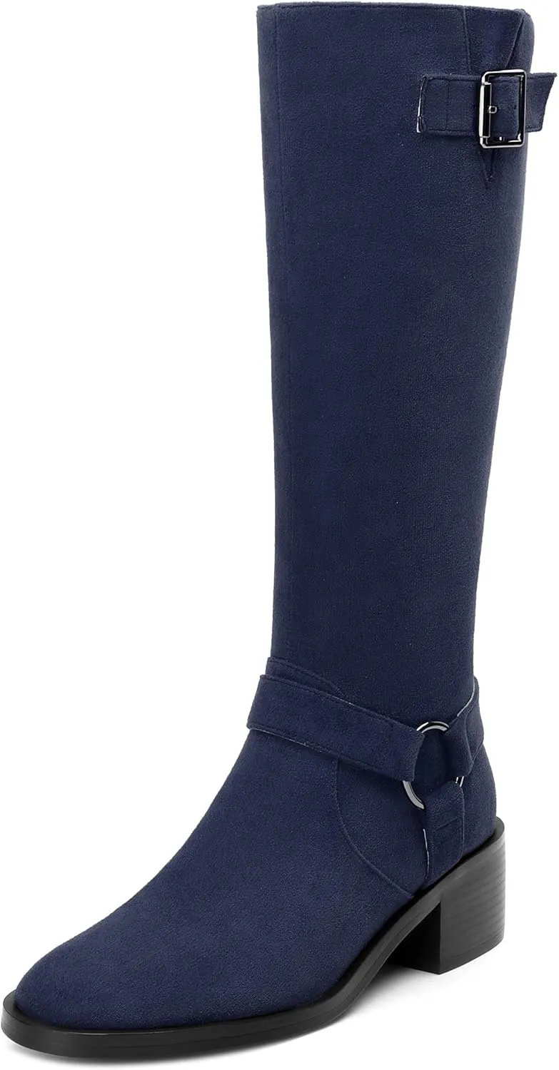 Women's Knee High Boots Buckle Fashion Side Zipper Knee High Bootie Round Toe Chunky Heel Solid Suede Knee High Boot