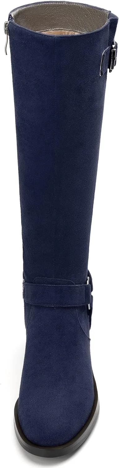 Women's Knee High Boots Buckle Fashion Side Zipper Knee High Bootie Round Toe Chunky Heel Solid Suede Knee High Boot
