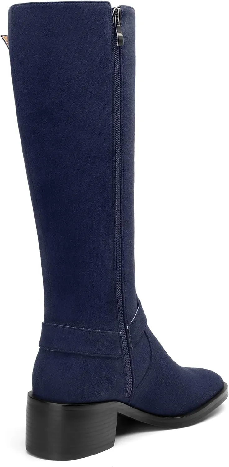 Women's Knee High Boots Buckle Fashion Side Zipper Knee High Bootie Round Toe Chunky Heel Solid Suede Knee High Boot