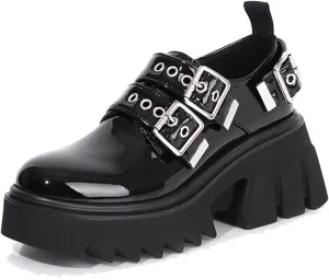 Women's Leather Platform Buckle Mary Jane Shoes Chunky Block Lug Sole Comfortable Slip-On Loafers Non-Slip Work Shoes