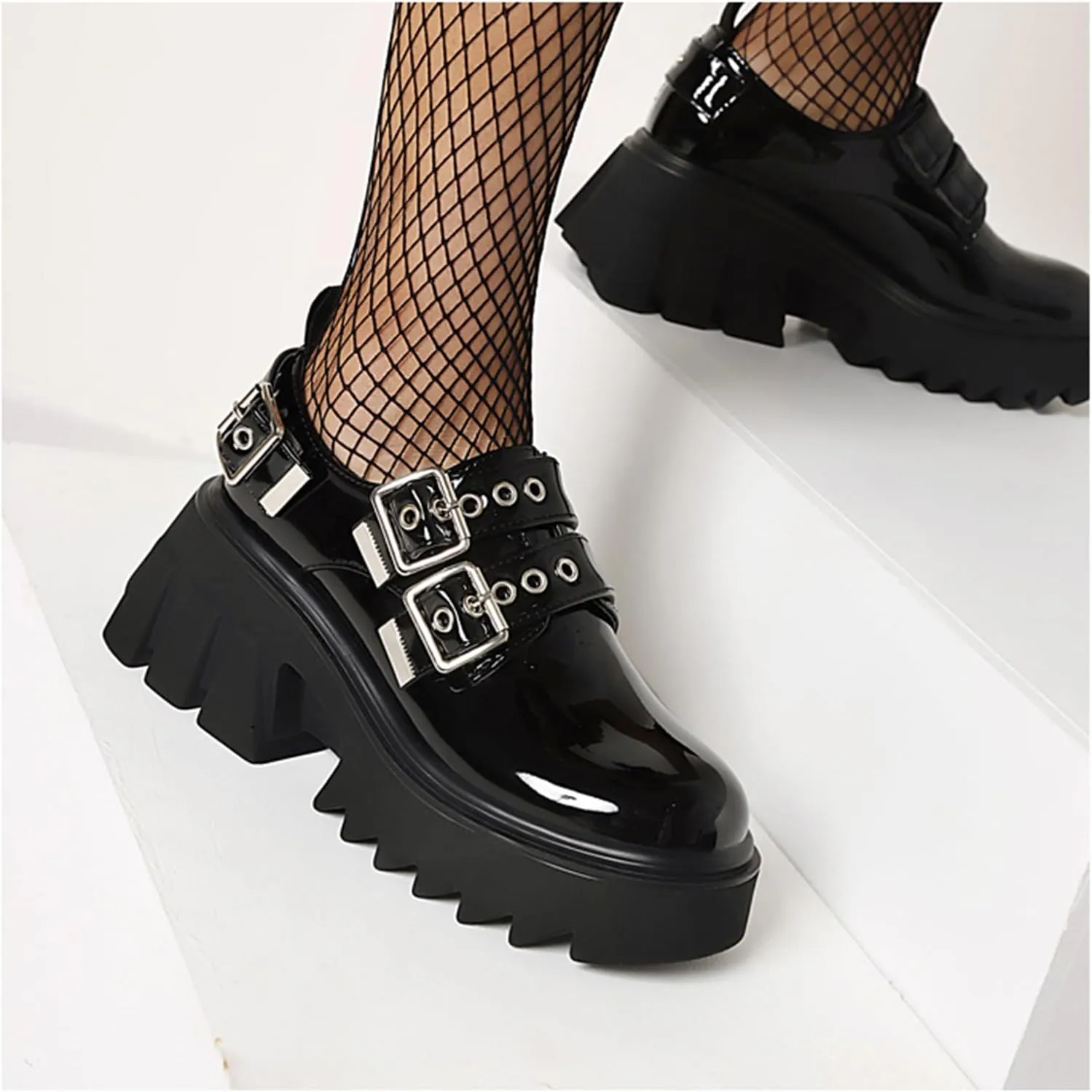 Women's Leather Platform Buckle Mary Jane Shoes Chunky Block Lug Sole Comfortable Slip-On Loafers Non-Slip Work Shoes