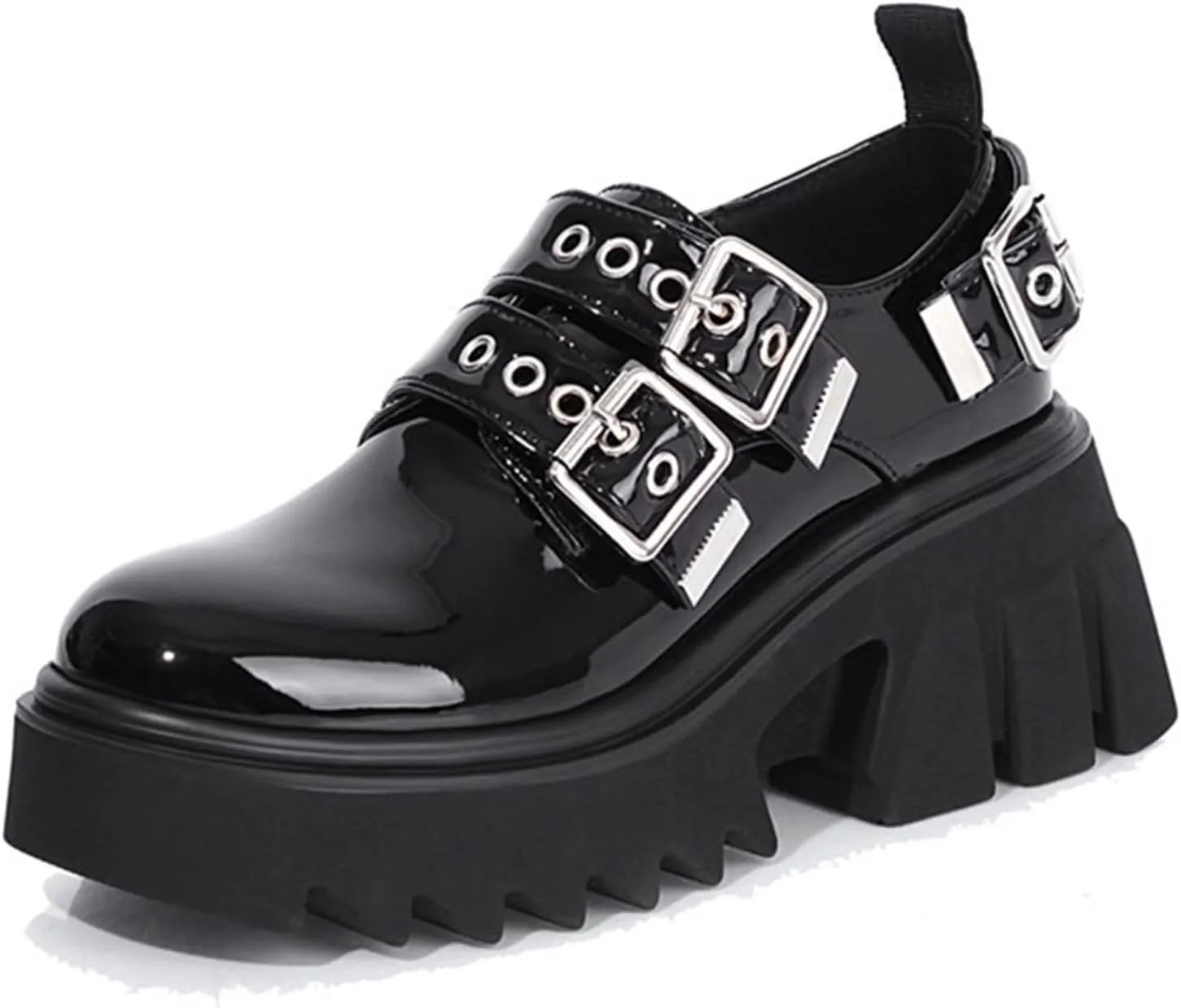 Women's Leather Platform Buckle Mary Jane Shoes Chunky Block Lug Sole Comfortable Slip-On Loafers Non-Slip Work Shoes