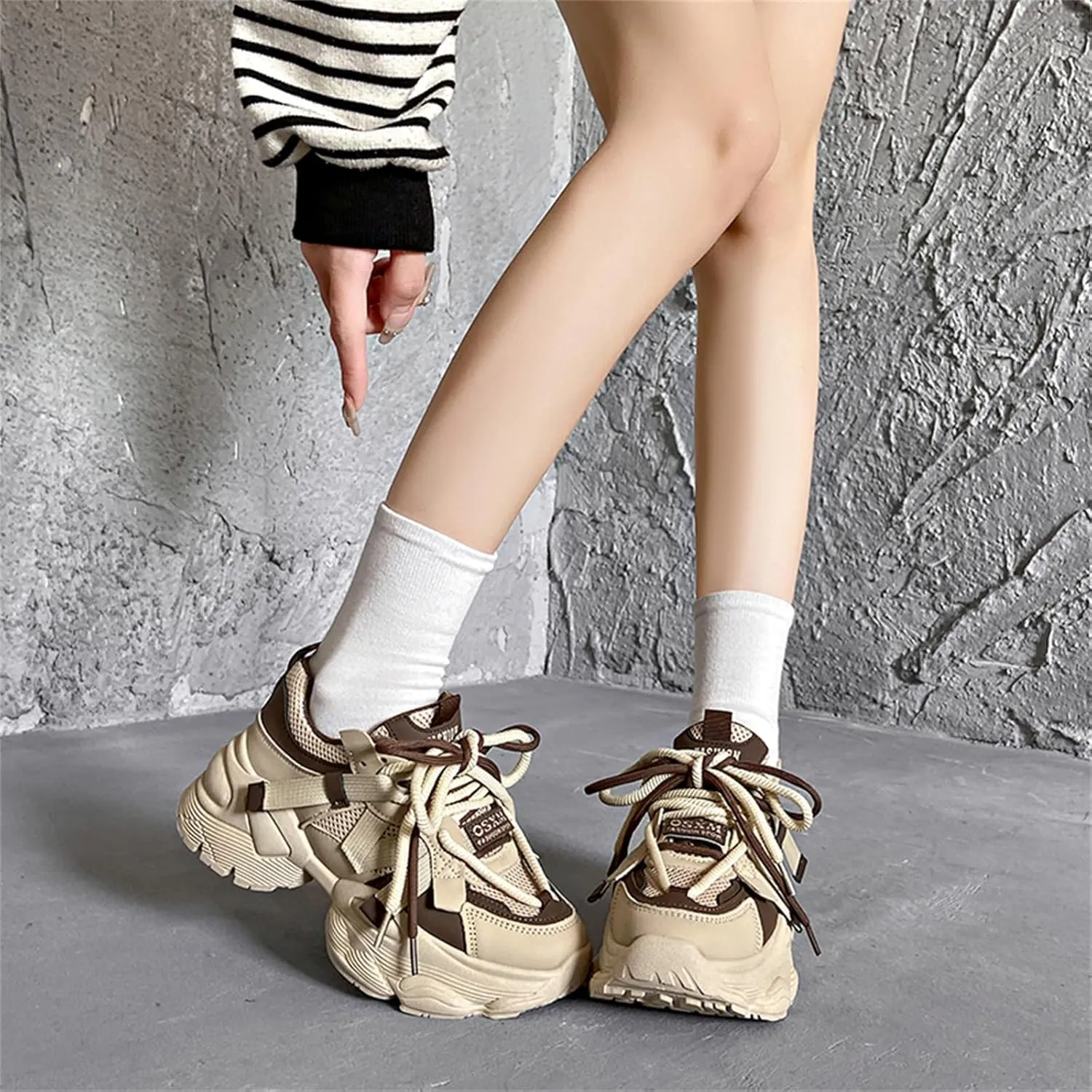 Womens Leather Platform Chunky Heels Sneakers Casual Breathable Lace Up Walking Dad Shoes Comfortable Fashion Sneakers