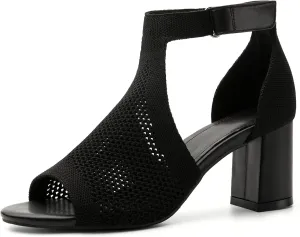 Womens Mousse Fit Knit Ankle Strap Pumps Open Toe Block Chunky Heeled Sandals