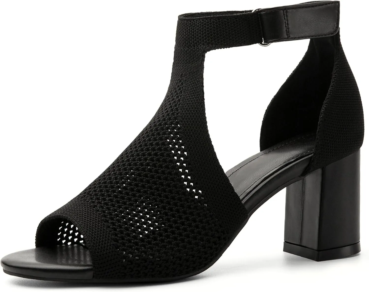 Womens Mousse Fit Knit Ankle Strap Pumps Open Toe Block Chunky Heeled Sandals