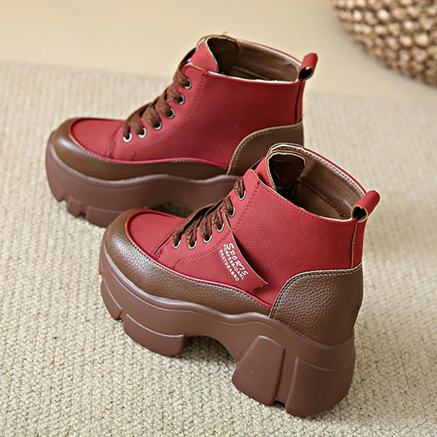 Women's Platform Chunky Lace Up High Top Sneakers Fashion Height Increased Round Toe Leather Casual Dad Shoes Wedge Heel Non-Slip Comfortable Walking Sport Shoes