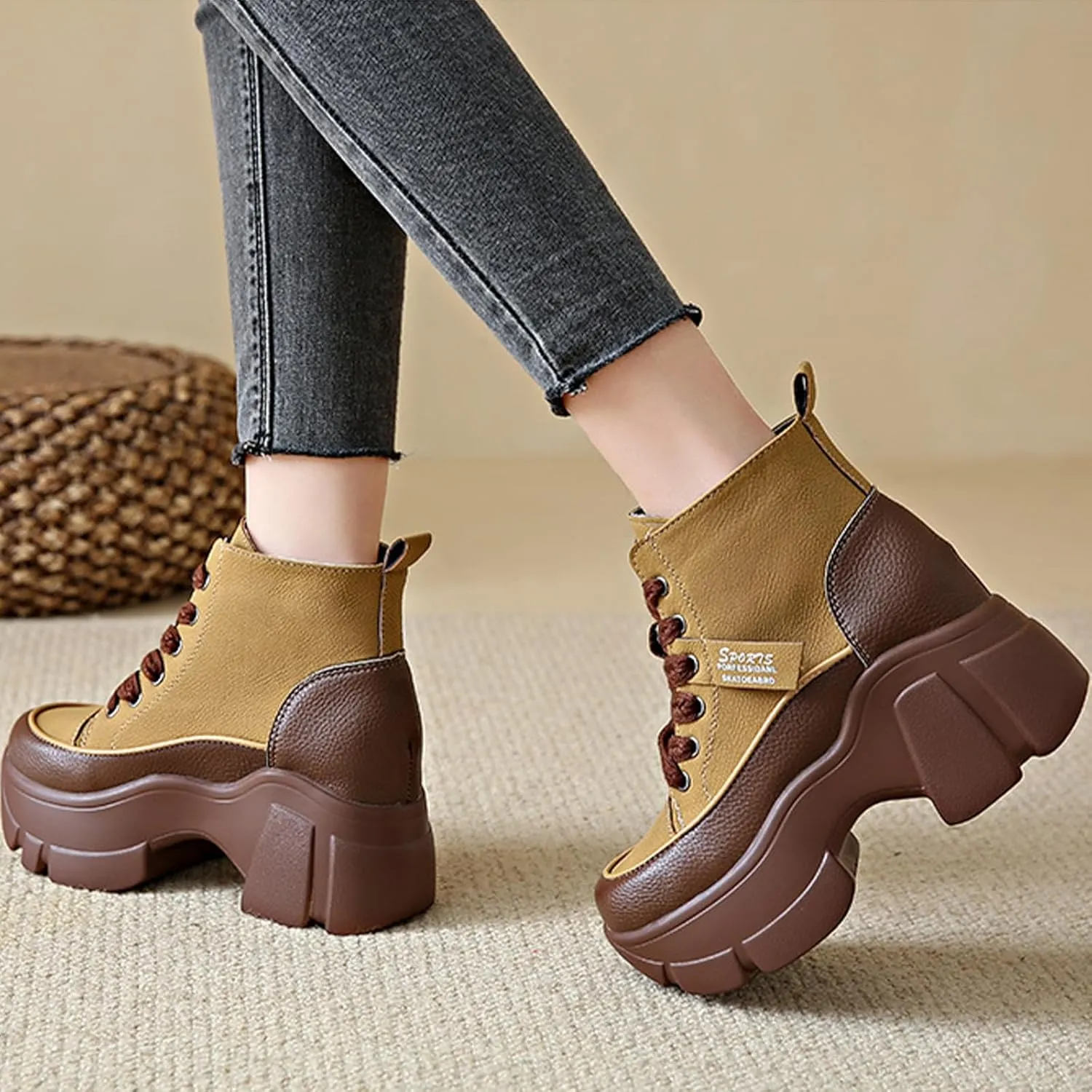 Women's Platform Chunky Lace Up High Top Sneakers Fashion Height Increased Round Toe Leather Casual Dad Shoes Wedge Heel Non-Slip Comfortable Walking Sport Shoes