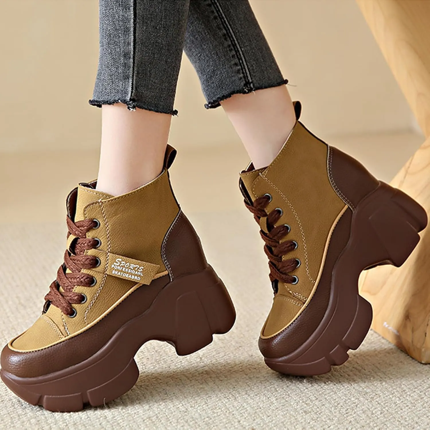 Women's Platform Chunky Lace Up High Top Sneakers Fashion Height Increased Round Toe Leather Casual Dad Shoes Wedge Heel Non-Slip Comfortable Walking Sport Shoes