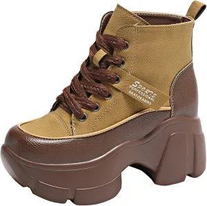 Women's Platform Chunky Lace Up High Top Sneakers Fashion Height Increased Round Toe Leather Casual Dad Shoes Wedge Heel Non-Slip Comfortable Walking Sport Shoes