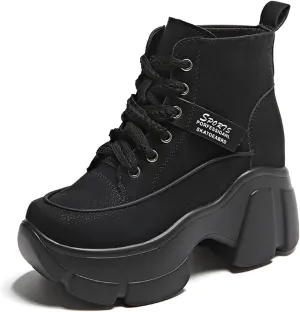 Women's Platform Chunky Lace Up High Top Sneakers Fashion Height Increased Round Toe Leather Casual Dad Shoes Wedge Heel Non-Slip Comfortable Walking Sport Shoes