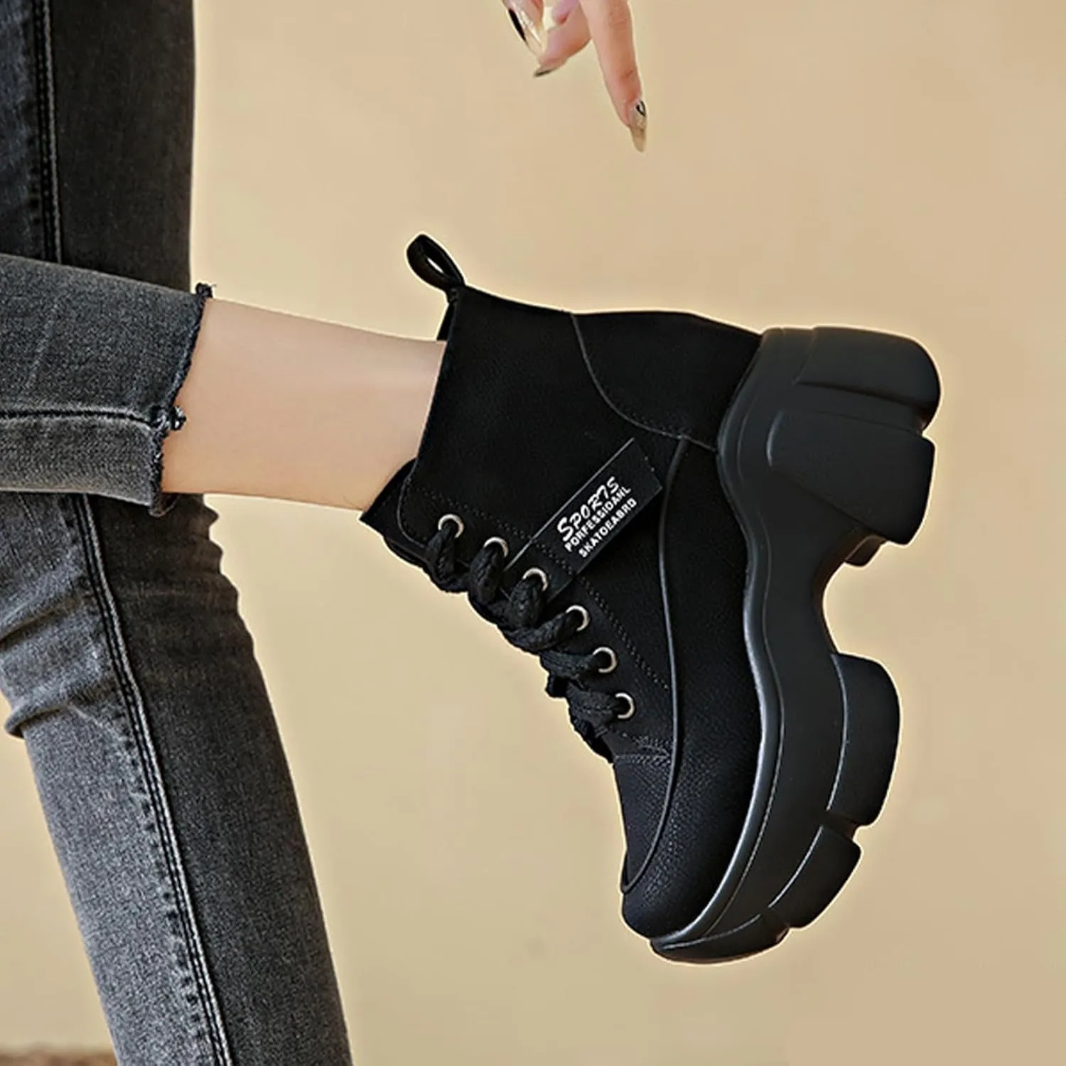 Women's Platform Chunky Lace Up High Top Sneakers Fashion Height Increased Round Toe Leather Casual Dad Shoes Wedge Heel Non-Slip Comfortable Walking Sport Shoes