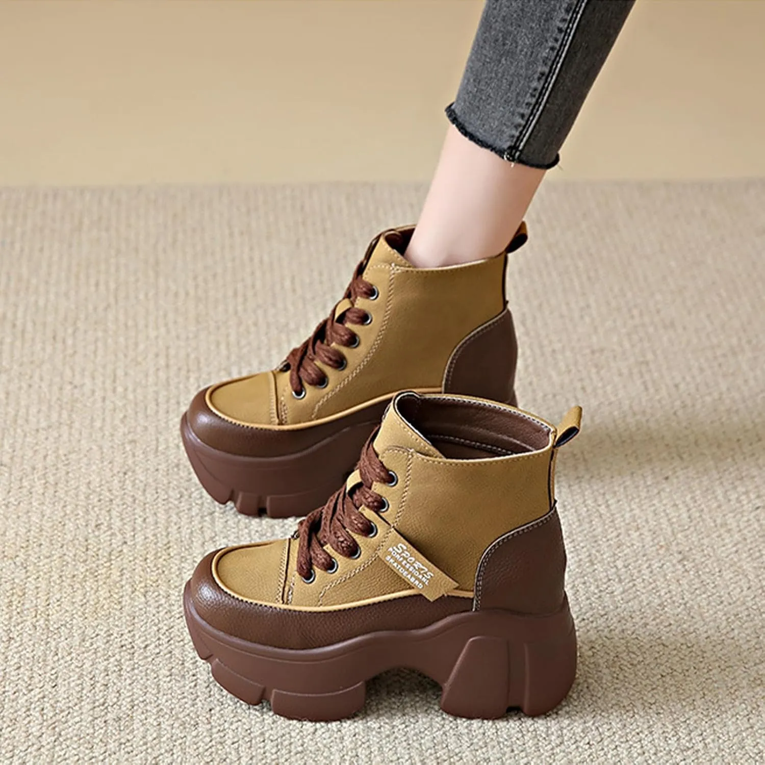 Women's Platform Chunky Lace Up High Top Sneakers Fashion Height Increased Round Toe Leather Casual Dad Shoes Wedge Heel Non-Slip Comfortable Walking Sport Shoes