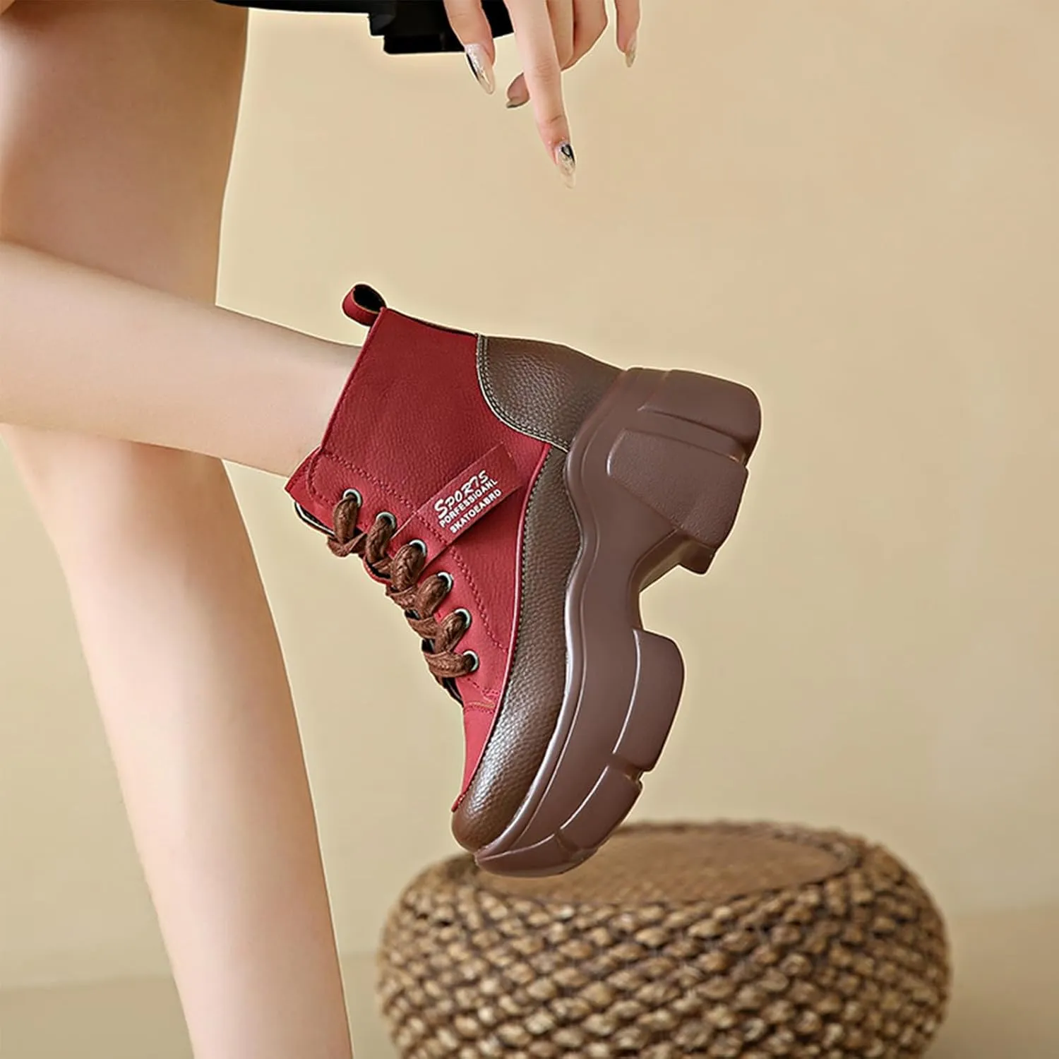 Women's Platform Chunky Lace Up High Top Sneakers Fashion Height Increased Round Toe Leather Casual Dad Shoes Wedge Heel Non-Slip Comfortable Walking Sport Shoes
