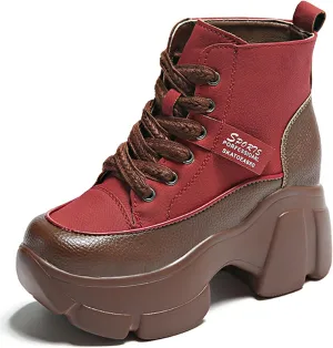 Women's Platform Chunky Lace Up High Top Sneakers Fashion Height Increased Round Toe Leather Casual Dad Shoes Wedge Heel Non-Slip Comfortable Walking Sport Shoes