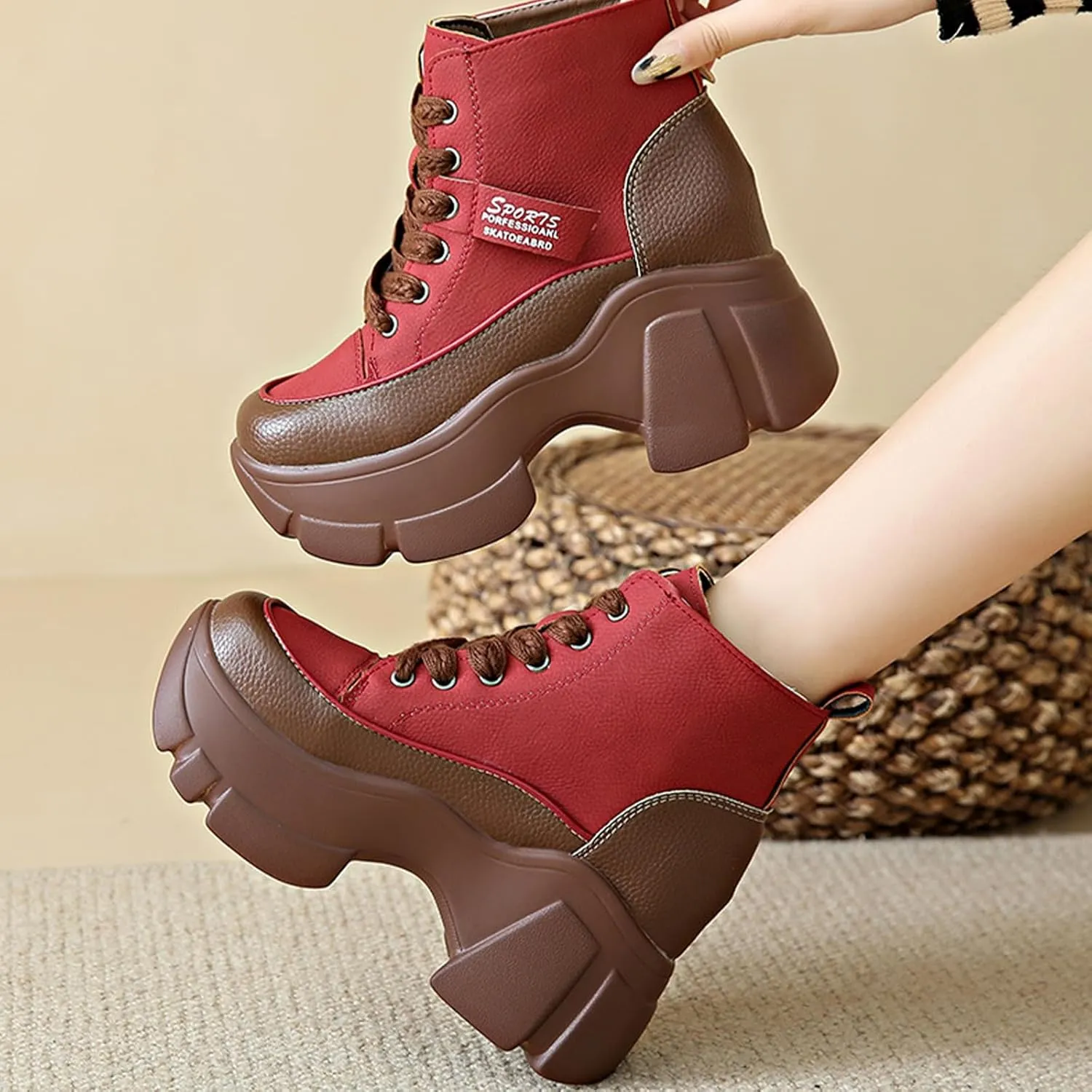 Women's Platform Chunky Lace Up High Top Sneakers Fashion Height Increased Round Toe Leather Casual Dad Shoes Wedge Heel Non-Slip Comfortable Walking Sport Shoes