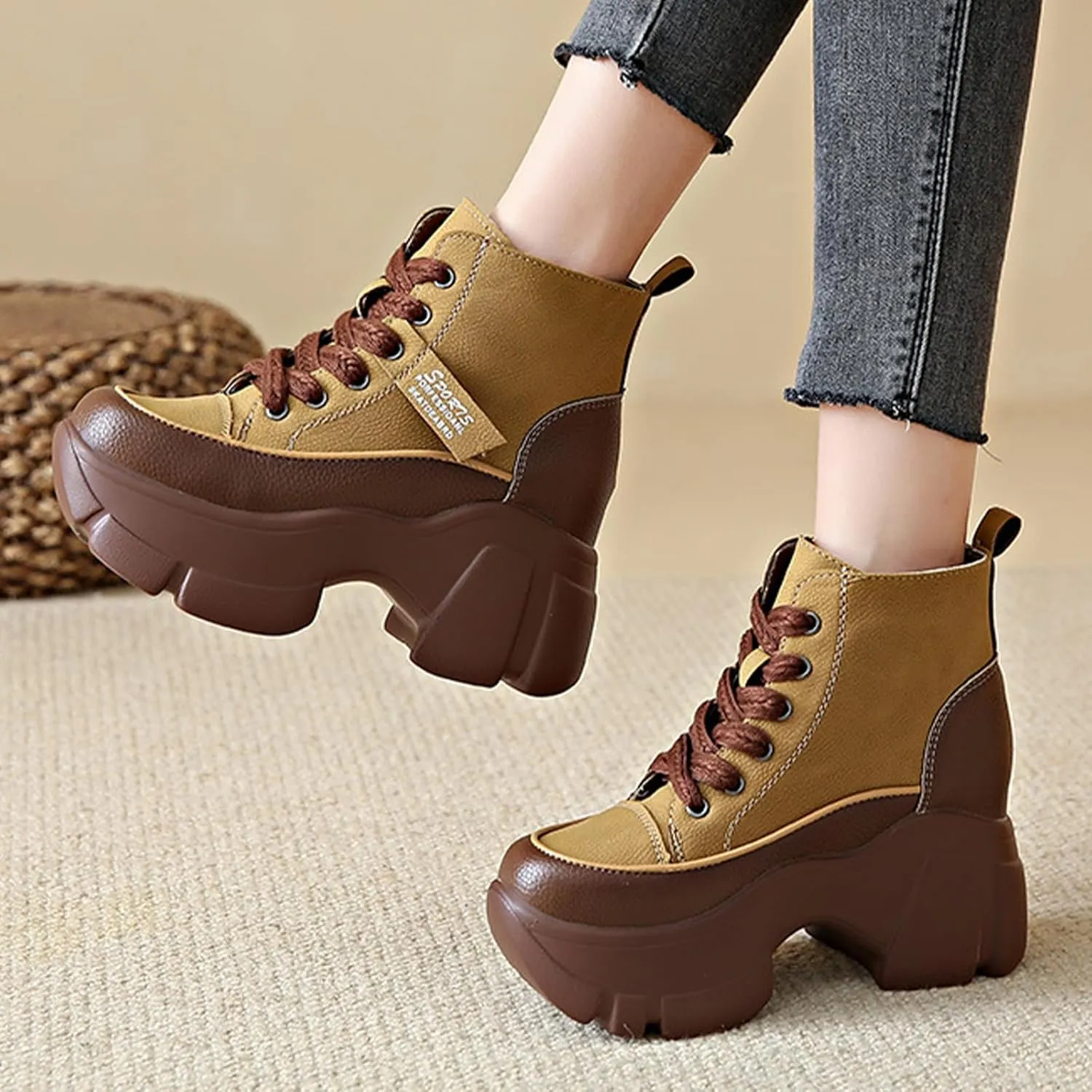 Women's Platform Chunky Lace Up High Top Sneakers Fashion Height Increased Round Toe Leather Casual Dad Shoes Wedge Heel Non-Slip Comfortable Walking Sport Shoes