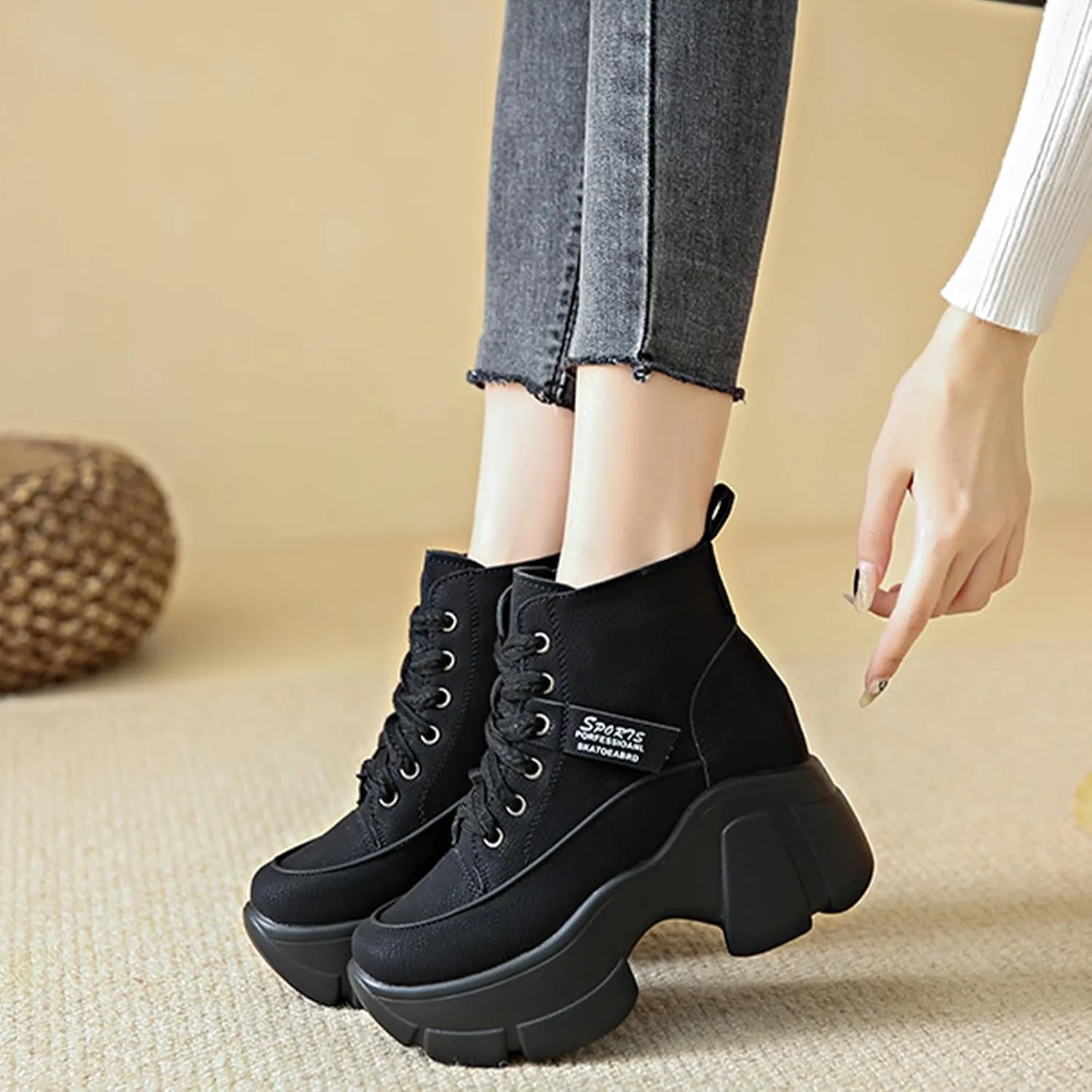 Women's Platform Chunky Lace Up High Top Sneakers Fashion Height Increased Round Toe Leather Casual Dad Shoes Wedge Heel Non-Slip Comfortable Walking Sport Shoes