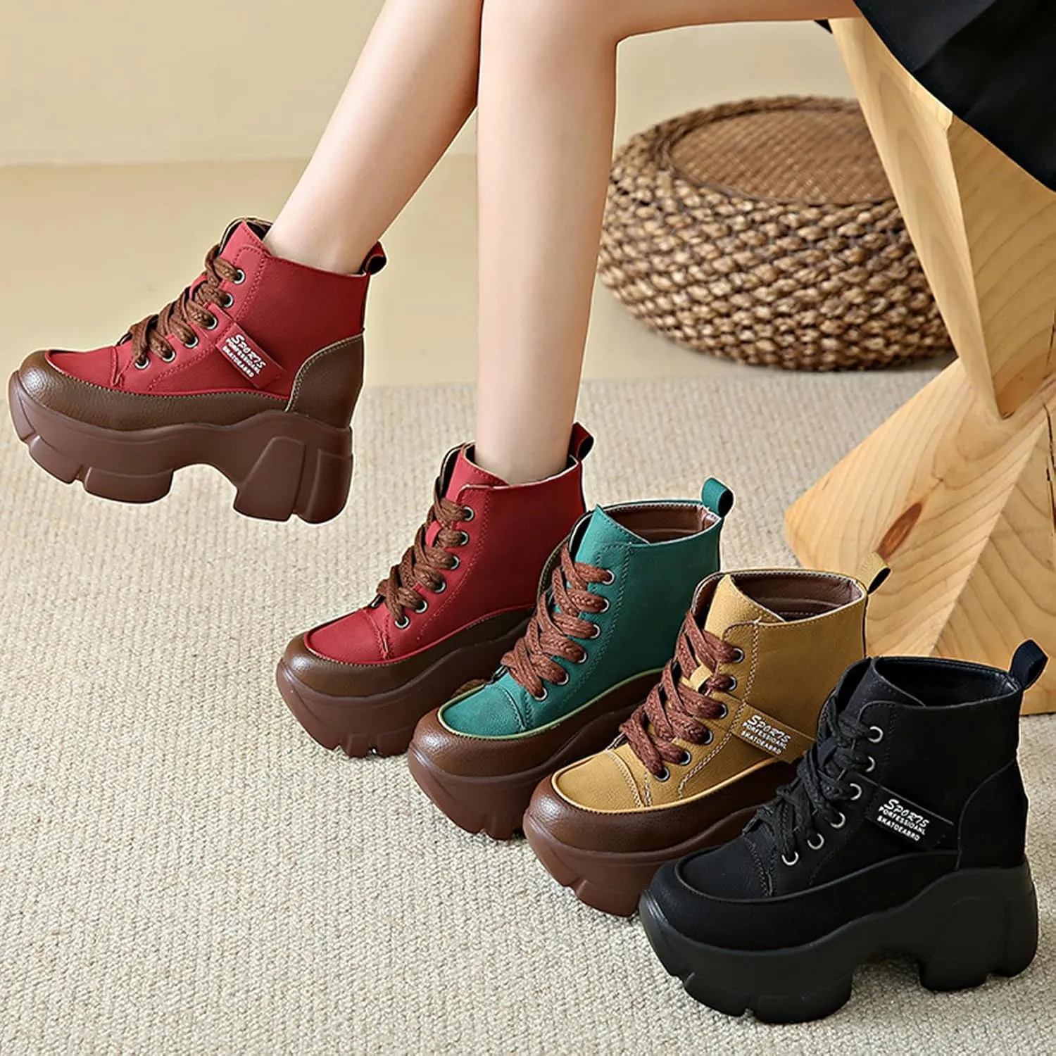 Women's Platform Chunky Lace Up High Top Sneakers Fashion Height Increased Round Toe Leather Casual Dad Shoes Wedge Heel Non-Slip Comfortable Walking Sport Shoes